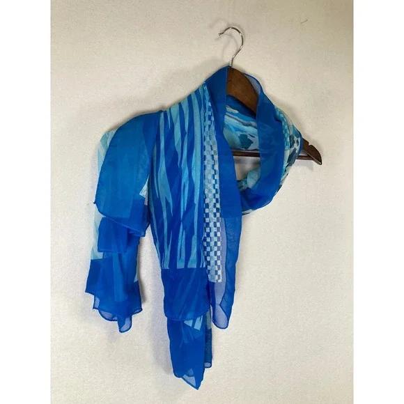 Coastal Aesthetic Women OS Blue Geometric Abstract Sheer Scarf Wrap - Picture 2 of 5